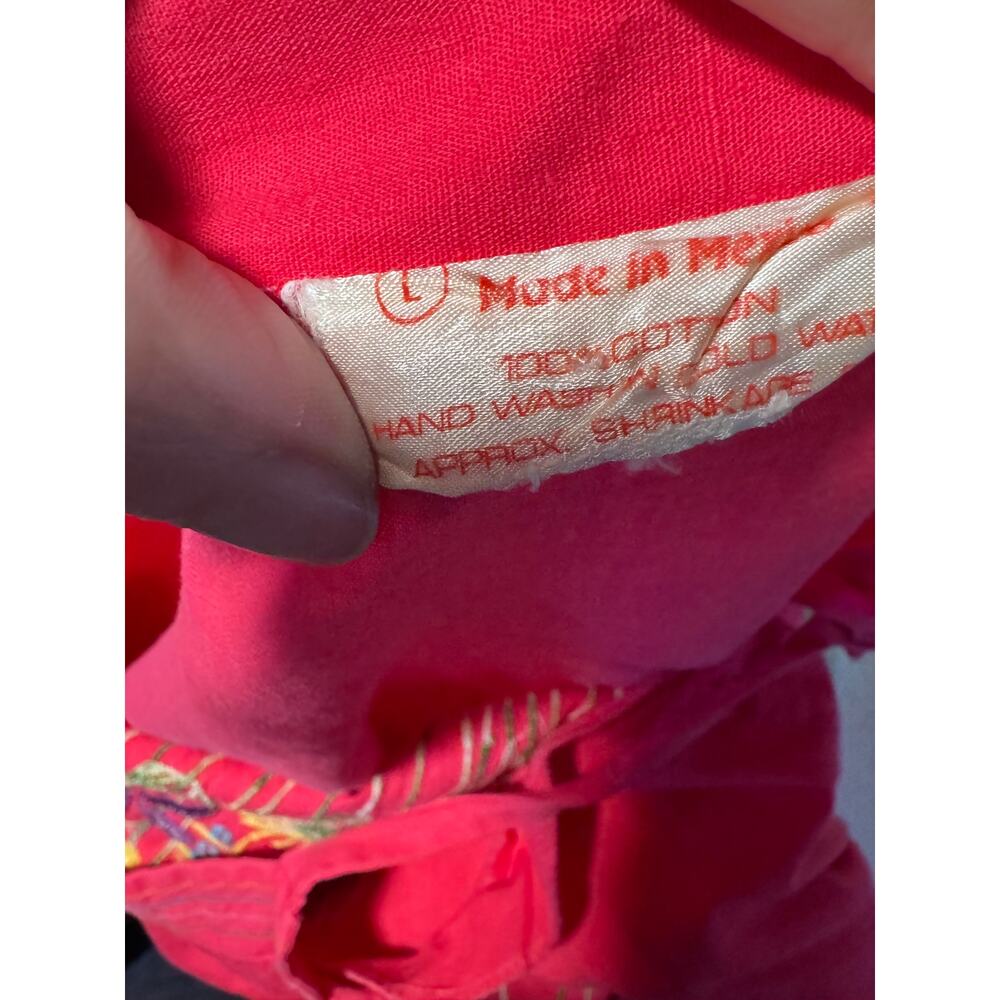 Vintage Mexican Embroidered Cotton Sundress Pink Floral Size Large Pockets - Picture 9 of 9
